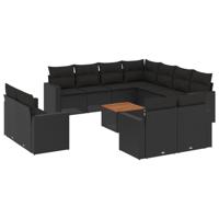 12-delige Loungeset met kussens poly rattan zwart - thumbnail
