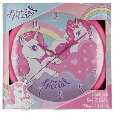 Unicorn wandklok 25 cm roze