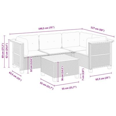 4-delige Loungeset met kussens poly rattan zwart