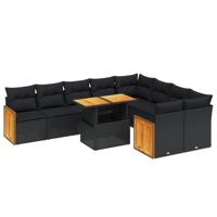 10-delige Loungeset met kussens poly rattan zwart - thumbnail