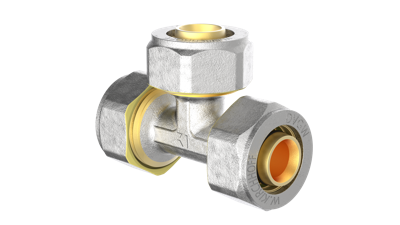 Kirchhoff Messing T-stuk, vernikkeld, 16 mm, klemkoppeling voor meerlagenbuis - 988911155