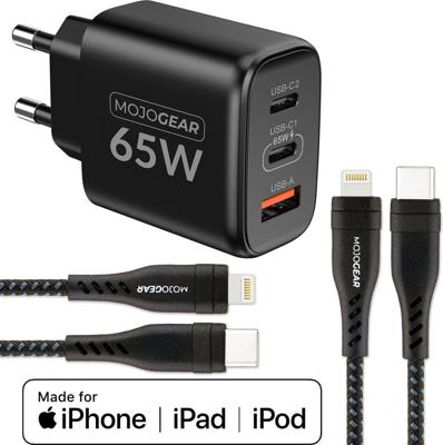 MOJOGEAR CHARGE+ 65W snellader voor iPhone & iPad met 2x Lightning naar USB-C kabel 1,5 meter MOJOGEAR CHARGE+ 65W snellader voor iPhone & iPad met 2x Lightning naar USB-C kabel 1,5 meter