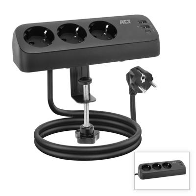 ACT Bureau stekkerdoos met 3 type F-stopcontacten, 30 W Power Delivery, USB type C/A-poorten, kabellengte 1,5 meter AC2480