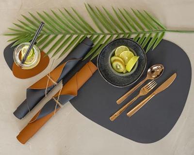 Cookinglife Onderzetters - Vegan leer - Zwart / Cognac - Organic - dubbelzijdig - 13 x 11 cm - 6 stuks