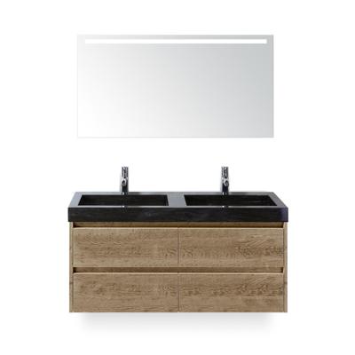 Dante Badmeubelset 120 cm - Natuur Eiken - Wastafel Hardsteen Wit Lucca Dubbel - met Sence Spiegel