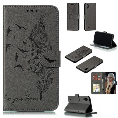 Feather patroon Litchi textuur horizontale Flip lederen draagtas met portemonnee & houder & kaartsleuven voor Galaxy M10 (grijs) Feather patroon Litchi textuur horizontale Flip lederen draagtas met portemonnee & houder & kaartsleuven voor Galaxy M10 (grijs)