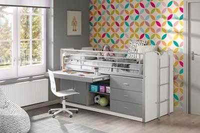 Vipack halfhoogslaper Bonny met uitschuifbaar bureau - grijs - 116x96x207 cm