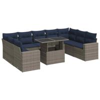 10-delige Loungeset met kussens poly rattan acacia grijs - thumbnail