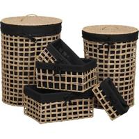 6 Delige Set van Gewoven Riet/Papier Open Opbergmanden - 6 stuks - Naturel/Zwart- Afgewerkt met zwart linnen - Opbermand - Wasmand - Maten hxbxl 1)60x45x45cm 2)55x40x40cm 3)20x40x28cm 4)18x25x23cm 5)15x30x18cm 6)12x25x13cm - thumbnail
