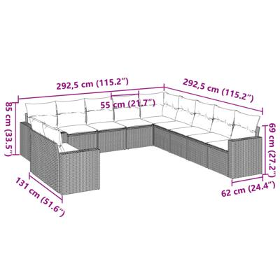 11-delige Loungeset met kussens poly rattan bruin - thumbnail