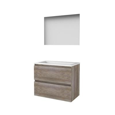 Basic-Line Ultimate 46 Badkamermeubelset - 80 x 46 cm - Greeploos - 2 Lades - Acryl Wastafel - Zonder Kraangat - Spiegel met Indirecte LED Verlichting - Scotch Oak