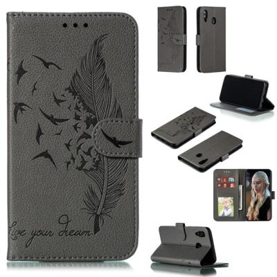 Feather patroon Litchi textuur horizontale Flip lederen draagtas met portemonnee & houder & kaartsleuven voor Galaxy M20 (grijs) Feather patroon Litchi textuur horizontale Flip lederen draagtas met portemonnee & houder & kaartsleuven voor Galaxy M20 (grijs)