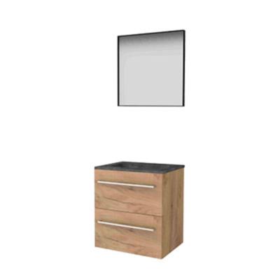 Basic-Line Framed 46 Badkamermeubelset - 60 x 46 cm - Met Grepen - 2 Lades - Hardstenen Wastafel - 1 Kraangat - Spiegel met Zwart Aluminium Frame - Whisky Oak