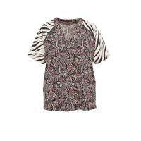 Exxcellent top Maud met all over print en mesh roodbruin/ecru/oudroze - thumbnail