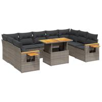 10-delige Loungeset met kussens poly rattan grijs - thumbnail