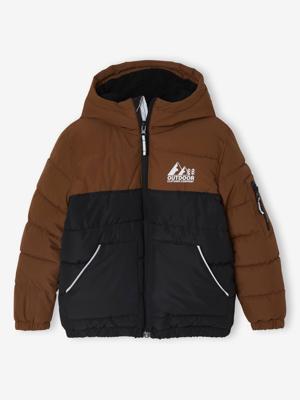 Tweekleurig jongensjack met kap en gerecyclede polyester vulling bruin Tweekleurig jongensjack met kap en gerecyclede polyester vulling bruin