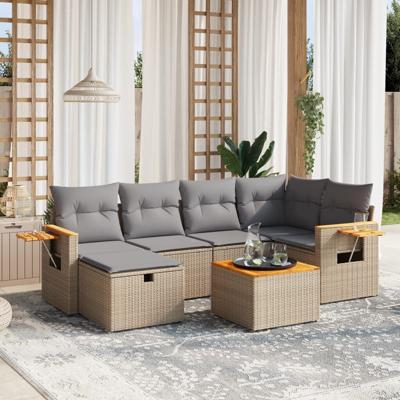 6-delige Loungeset met kussens poly rattan gemengd beige