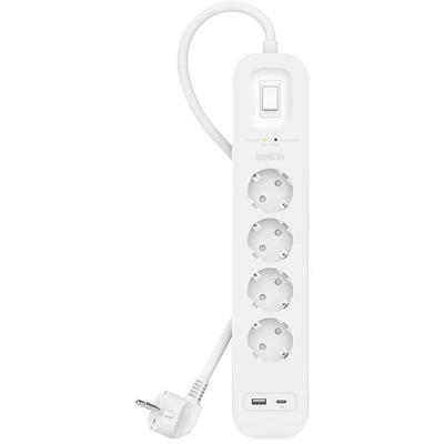 Belkin spanningsbeveiliger met 4 stopcontacten, monteerbare stekkerdoos, voedingskabel van 2 m, groen indicatielampje - USB-C-poort en USB-A-poort, snelladen met USB-C PD - beveiliging tot 525 joule