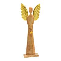 Staande engel met metalen vleugels en sterhanger, van mangohout, bruin, goud (B/H/D) 45x115x13cm - thumbnail
