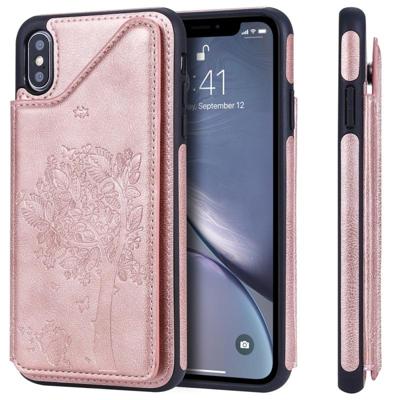 Voor iPhone XS Max kat boom reliëf patroon schokbestendige beschermhoes met kaartsleuven & fotolijstjes (Rose goud)