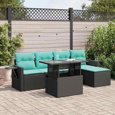 6-delige Loungeset met kussens poly rattan acacia zwart