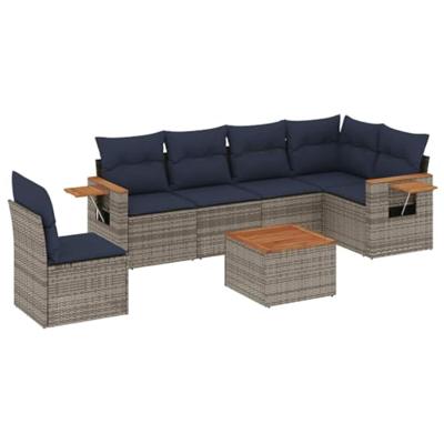 7-delige Loungeset met kussens poly rattan grijs