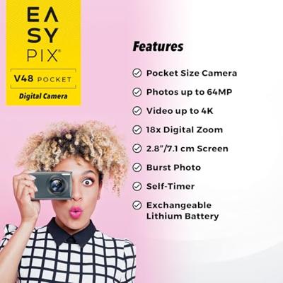 Easypix V48 Pocket Anthrazite Digitale camera 8 Mpix Antraciet Geïntegreerde accu, 4K video, Full-HD video-opname, Met ingebouwde flitser