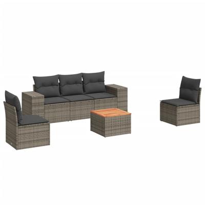 6-delige Loungeset met kussens poly rattan grijs - thumbnail