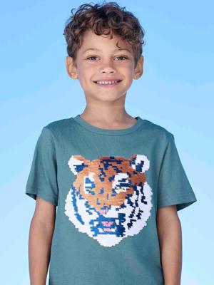 Jongensshirt met motief in omkeerbare pailletten Basics blauwgroen Jongensshirt met motief in omkeerbare pailletten Basics blauwgroen