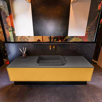 Badkamermeubelset Mondiaz Erin 150 cm met 1 Lade met RIDGE Wastafel Midden Dark grey Zonder Kraangaten Greeploos Mat Ocher Badkamermeubelset Mondiaz Erin 150 cm met 1 Lade met RIDGE Wastafel Midden Dark grey Zonder Kraangaten Greeploos Mat Ocher