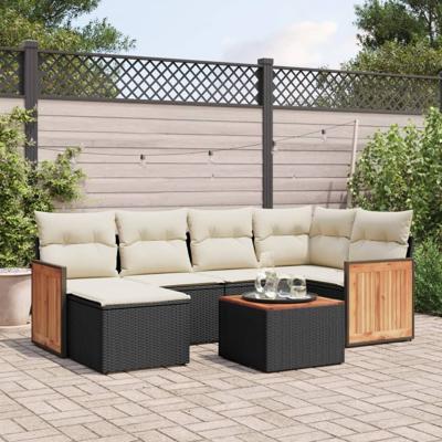 6-delige Loungeset met kussens poly rattan zwart