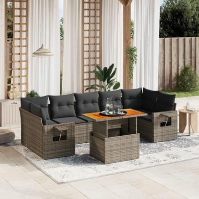 8-delige Loungeset met kussens poly rattan grijs