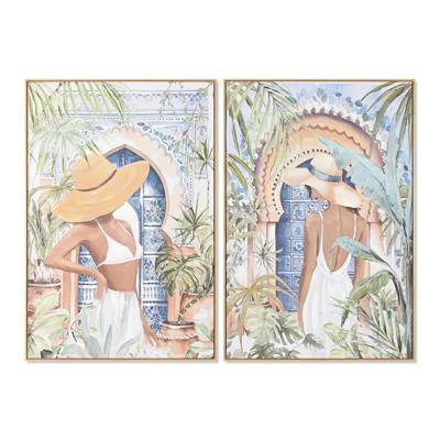 Schilderij Home ESPRIT Blauw Bruin Groen Beige Tropisch chica 80 x 3,5 x 120 cm (2 Stuks)