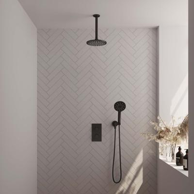 Mat zwarte inbouw regendouche 3-weg omstelling set 35 met thermostaat, 20 cm douchekop, plafondarm, handdouche, doucheslang en wandaansluitbocht