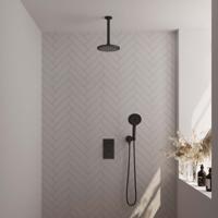 Mat zwarte inbouw regendouche 3-weg omstelling set 35 met thermostaat, 20 cm douchekop, plafondarm, handdouche, doucheslang en wandaansluitbocht - thumbnail