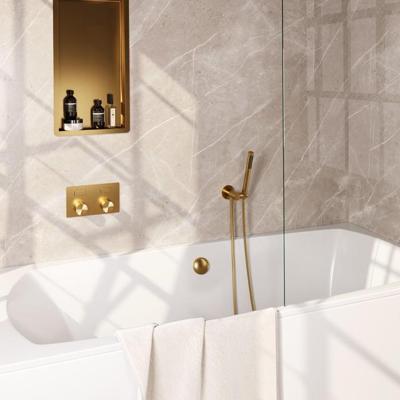 Brauer Stripe thermostatische inbouw badkraan met drukknoppen SET 03 met badvulcombinatie en staaf handdouche en doucheslang en wandaansluitbocht goud geborsteld PVD
