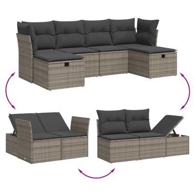 6-delige Loungeset met kussens poly rattan grijs - thumbnail