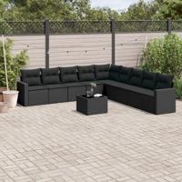 10-delige Loungeset met kussens poly rattan zwart - thumbnail