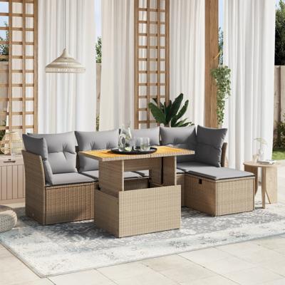 6-delige Loungeset met kussens poly rattan acacia beige