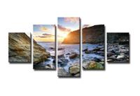 Schilderij - Zonsondergang aan Zee, Blauw, 160X80cm, 5luik - thumbnail