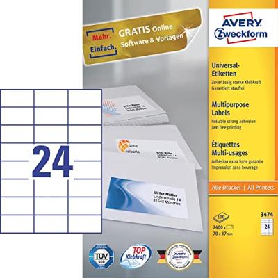 Etiket Avery Zweckform 3474 70x37mm wit 2400stuks Etiket Avery Zweckform 3474 70x37mm wit 2400stuks
