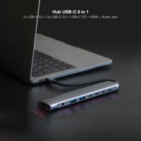 NANOCABLE 10.16.4608 8-in-1 USB-C Hub, USB-C 3.1 naar 2 x USB-A 3.0 + 3x USB-C 3.0 + USB-C PD + HDMI 4K @ 60Hz + Audio Jack 3.5, Aluminium, Grijs, 18 cm - thumbnail