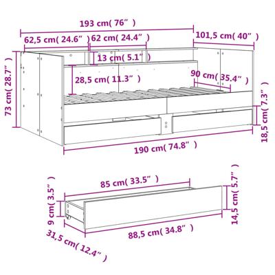 Slaapbank met lades zonder matras 90x190 cm betongrijs