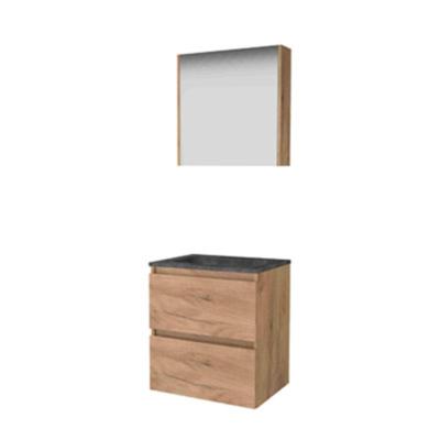 Basic-Line Comfort 46 Badkamermeubelset - 60 x 46 cm - Greeploos - 2 Lades - Hardstenen Wastafel - 1 Kraangat - Spiegelkast - Whisky Oak