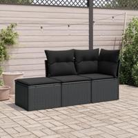 3-delige Loungeset met kussens poly rattan zwart - thumbnail