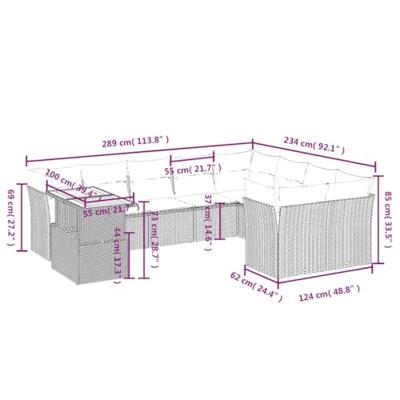 10-delige Loungeset met kussens poly rattan zwart