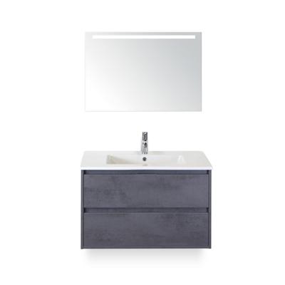 Porto Badmeubelset 90 cm - Beton Antraciet - Keramische Wastafel Wit Slim - met Sence Spiegel