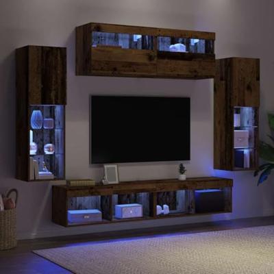 8-delige TV Wandunits met LED Oud Hout Bewerkt Hout