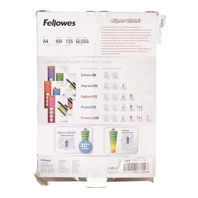 Fellowes lamineerhoes Capture125 Super Quick ft A4, 250 micron (2 x 125 micron), pak van 100 stuks Fellowes lamineerhoes Capture125 Super Quick ft A4, 250 micron (2 x 125 micron), pak van 100 stuks