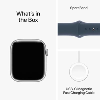 Apple Watch Series 9 (GPS 45 mm) Smartwatch - Kast van zilverkleurig aluminium - Stormblauw sportbandje M/L. Conditie bijhouden, Saturatie-app en Ecg-app, Always-on Retina-display, waterbestendig